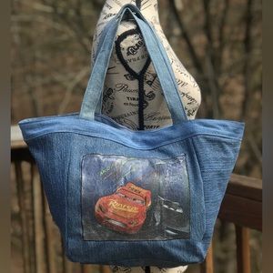 NEW Handmade Rusteze Lightening McQueen Lg Denim Handbag, Purse, Tote.